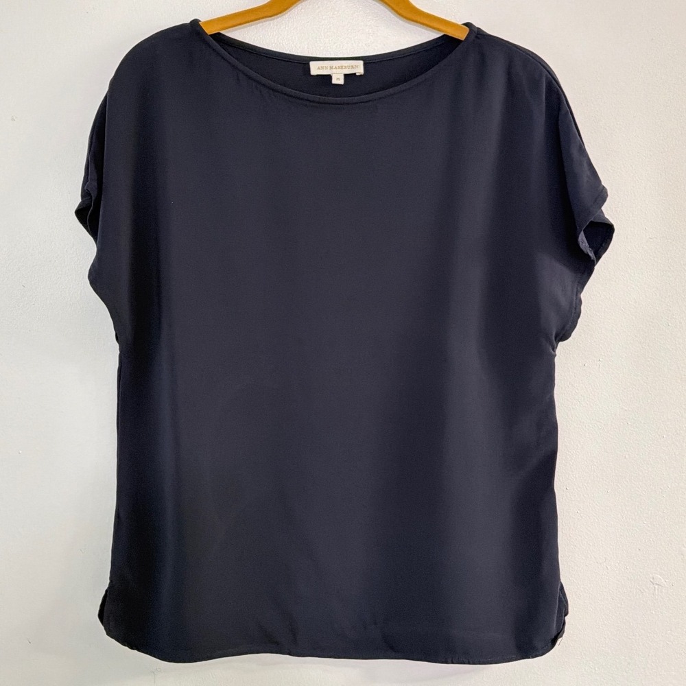 Ann Mashburn Women Medium Deep Navy Blue Boat Neck Cap Sleeve Blouse Top